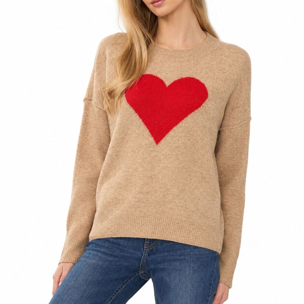 Vince Camuto Sweater M Brown Red Heart Knit Oversized Pullover Soft Girl‎